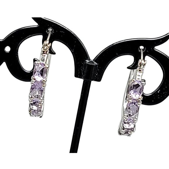 Lavender Crystal Hoop Earrings Latch Closure Silver Tone Purple Rough Stones - Picture 3 of 9